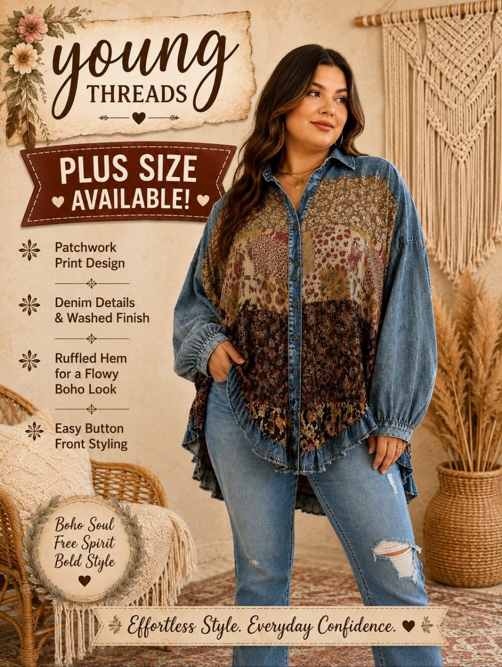 135 Young Threads Women's Patchwork Boho Button-Front Tunic - Mixed Earth Tones